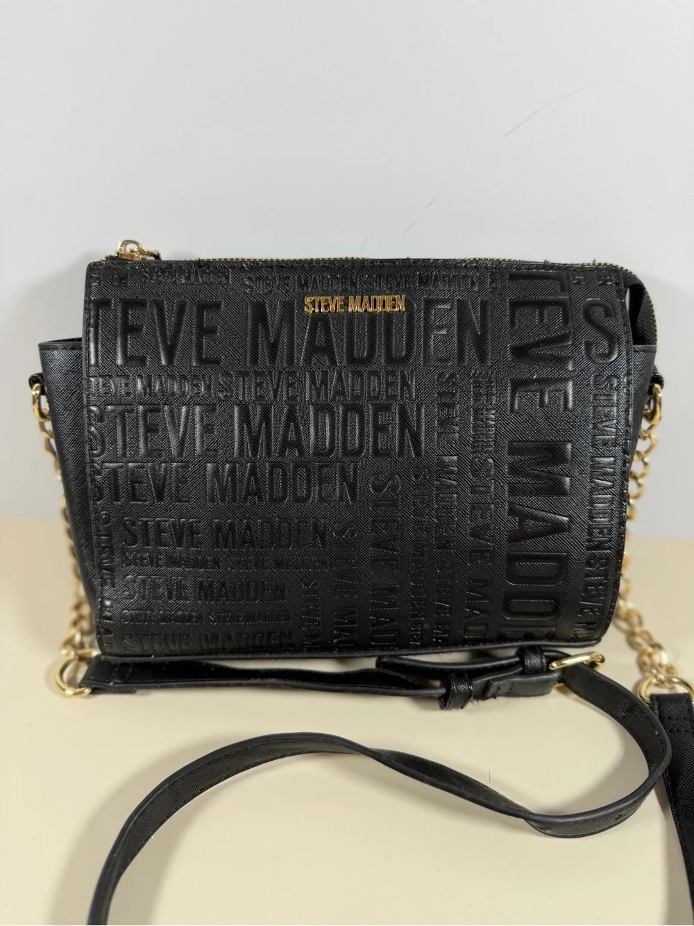 Steve Madden Black Embossed Logo Crossbody with Gold Hardware
